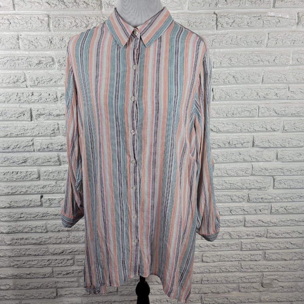 Zac Rachel Womens Top 2X Plus Button Up Roll Tab Sleeve Stripe Pink Blue STR125E